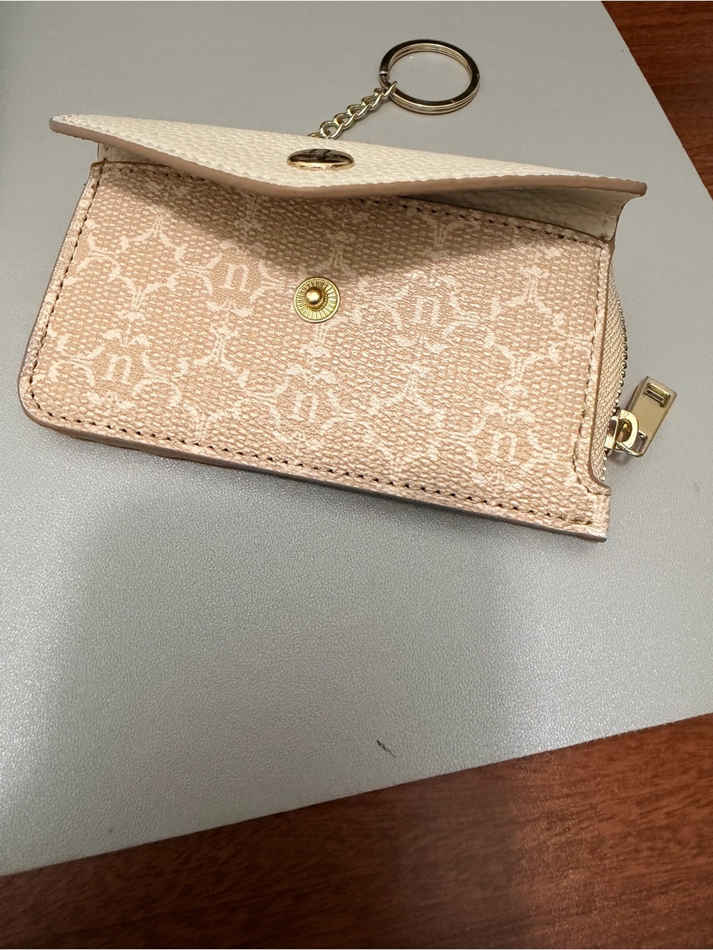 Nanette Lepore Beige Monogram Key Card Pouch with Gold Hardware